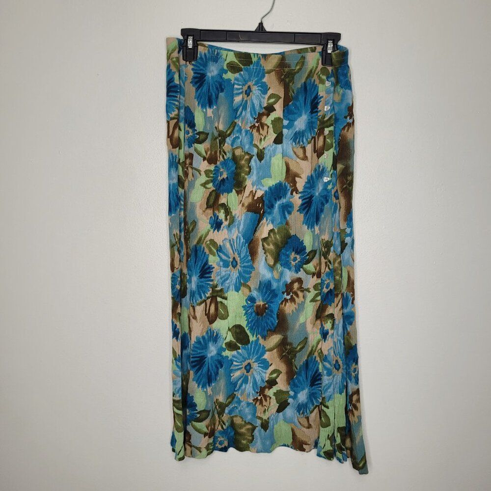 Vintage y2k blue green brown grunge fairy floral pull on midi a line skirt L